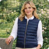 V�sten som kommer fr�n Sunday har quiltad front och stickad rygg och ett guldf�rgad blixtl�s som g�r sig v�ldigt fint till tyget - riktig lyxk�nsla! Den finns i marin eller offwhite. Tv� frontfickor och tv� innerfickor, trik� p� ryggen och vadderad fram.